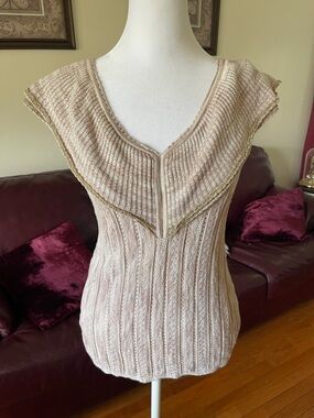 White House Black Market Taupe Metallic Ruffle Knit Top Sleeveless Size S